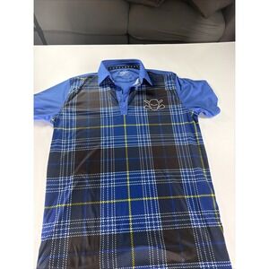 MENS TATTOO GOLF PERFORMANCE BLUE/ BLACK/WHITE PLAID POLO GOLF SHIRT SIZE M